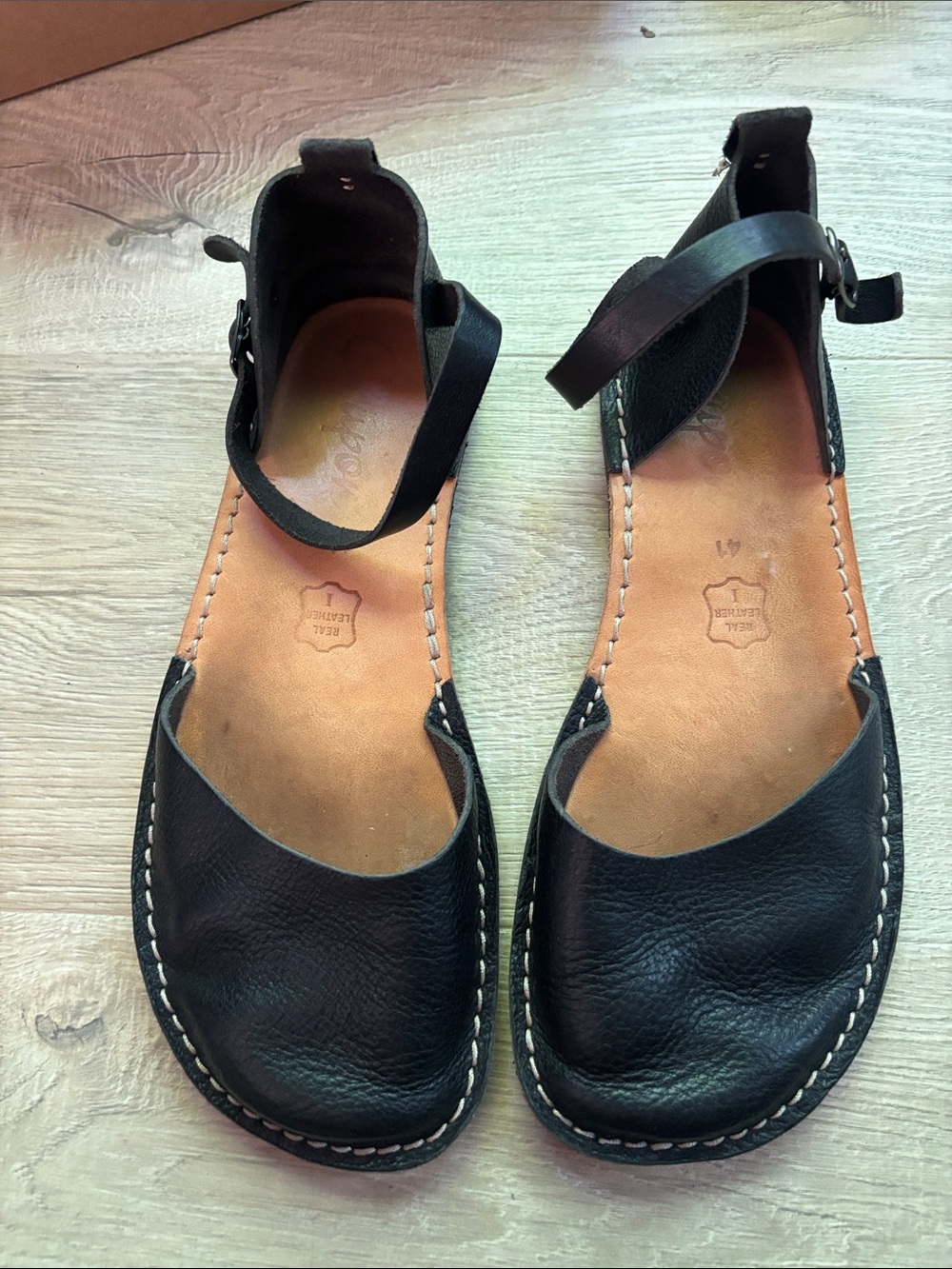 Crupon Women’s Black Leather Ankle-Strap Flats with Contrast Stitching
